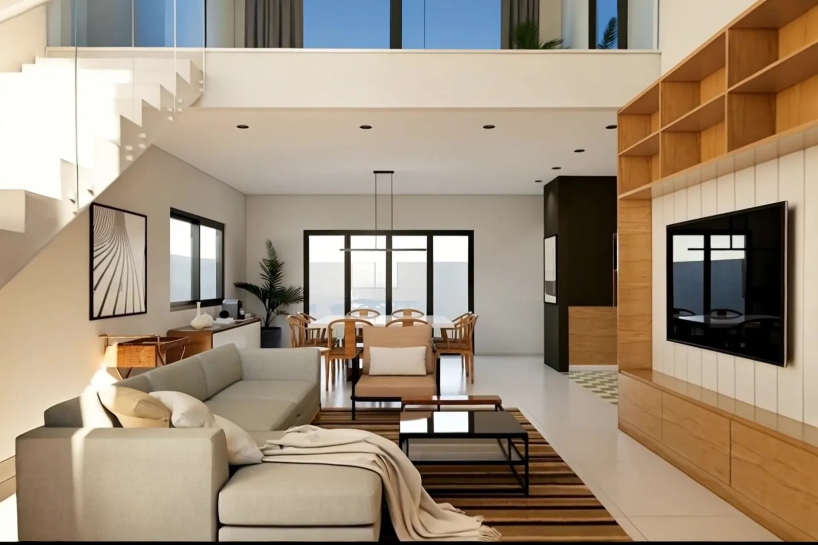 Living integrado de pé-direito duplo em casa construída pela EGT