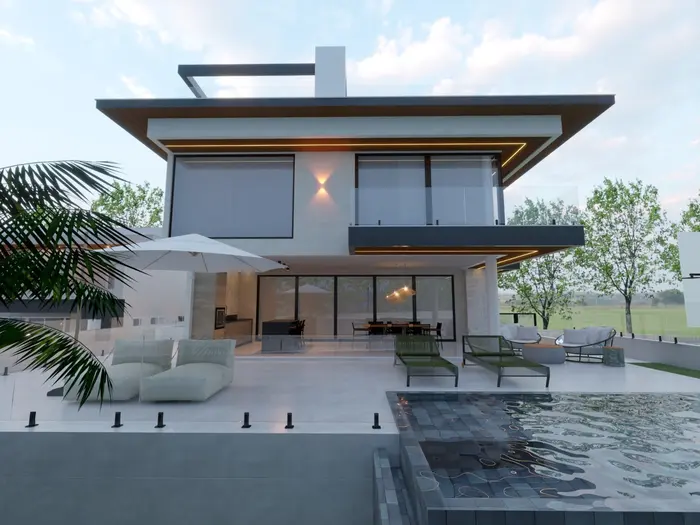 Projeto 3D de fachada posterior com piscina — Residencial 1