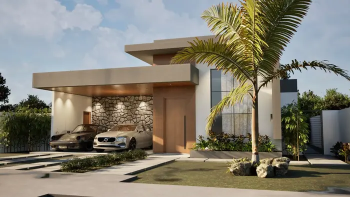 Projeto 3D de fachada com garagem — Residencial 2