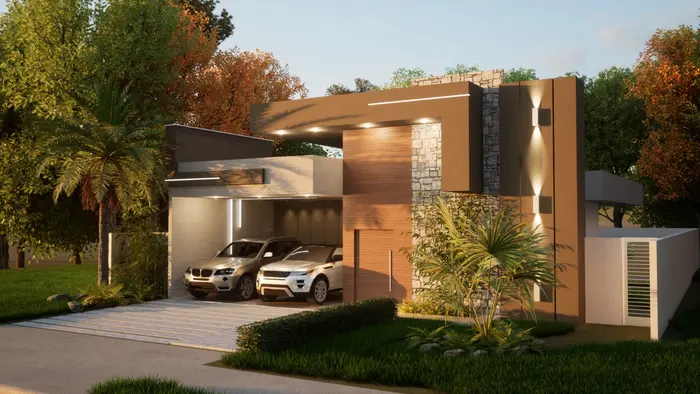 Projeto 3D de fachada com garagem coberta — Residencial 2