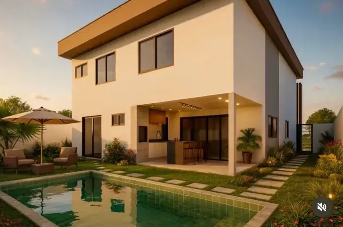 Projeto 3D de área externa com piscina — Residencial 3