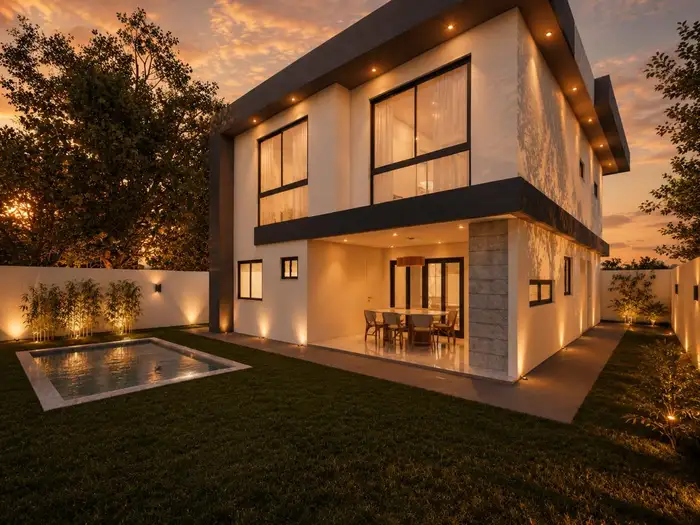 Projeto 3D de fachada iluminada ao entardecer — Residencial 3
